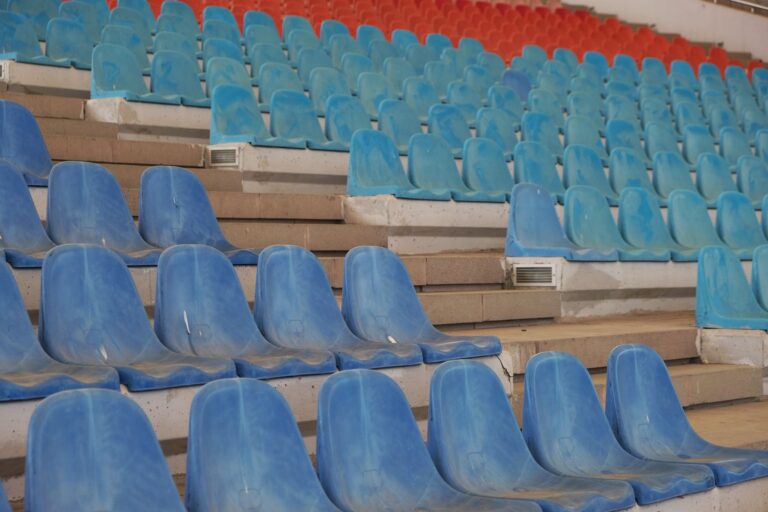 Empty rows of blue and red plastic stadium seats